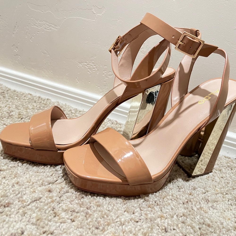 Aldo Tan Heeled Sandals with Chunky Block Heel